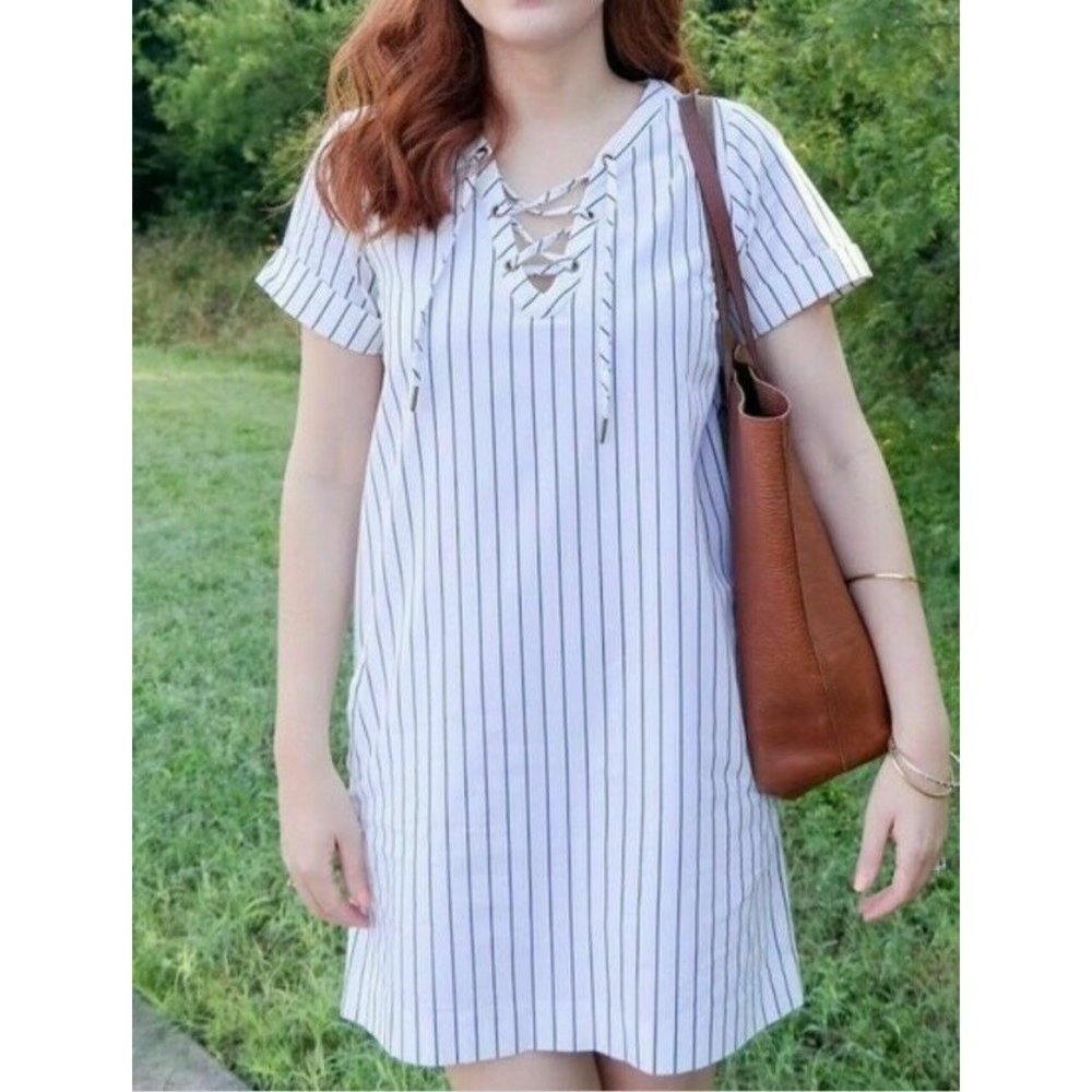 NWT $110 Madewell Harbor Lace-Up Shift Dress Striped White Blue Sz XXS‎ F2186